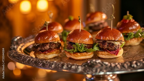 Gourmet mini-burgers elegantly presented on a silver platter.