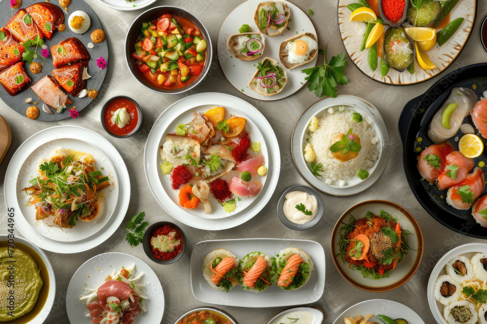 An array of plates filled with diverse international cuisines