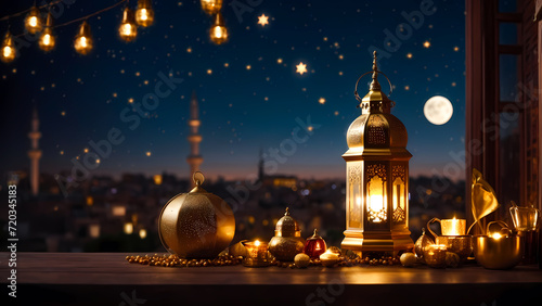 Ramadan background with mosque moon stars lantern and bokeh, Ramadan Kareem background