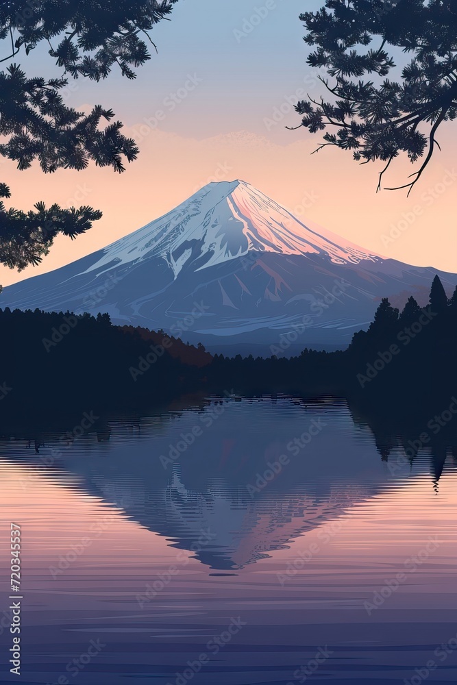 Mount fuji  art. Japanese landmark. Beautiful mountain, volcan in Japan. Snowing scenery. Tourist, travel destination. AI generated illustration