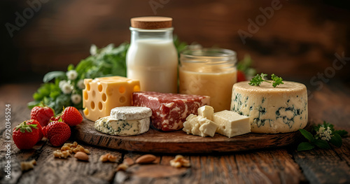 Variety of fine cheeses with fruit and honey, rustic wooden board presentation