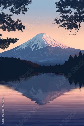 Mount fuji art. Japanese landmark. Beautiful mountain, volcan in Japan. Snowing scenery. Tourist, travel destination. AI generated illustration