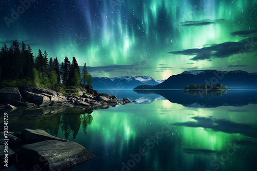 Green northern lights over lake with islands at night