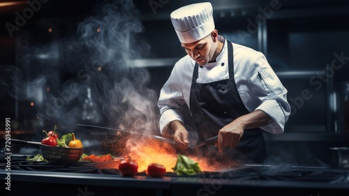 Action of Professional chef working in restaurant kitchen n a dark background © bannafarsai