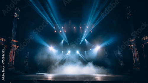Stage light background with blue spotlight illuminated the stage with smoke. Empty stage for show with backdrop decoration.