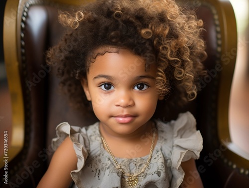 Little Girl With Curly Hair Sitting in a Chair photo