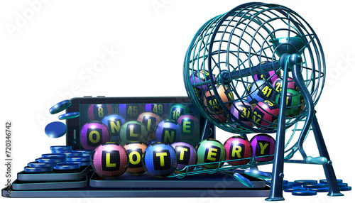 A 3D illustration advertising online lottery games, with colorful numbered balls housed in a wire cage positioned atop of a stack of mobile devices.
