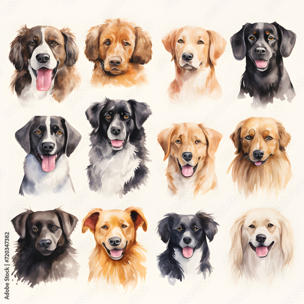 A variety of different dog illustrations on a white background A variety of different dog illustrations on a white background