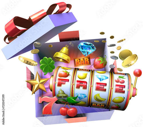 A 3D illustration featuring an open gift box overflowing with coins and various slot symbols, evoking the excitement of free spins rounds in casino slot games.