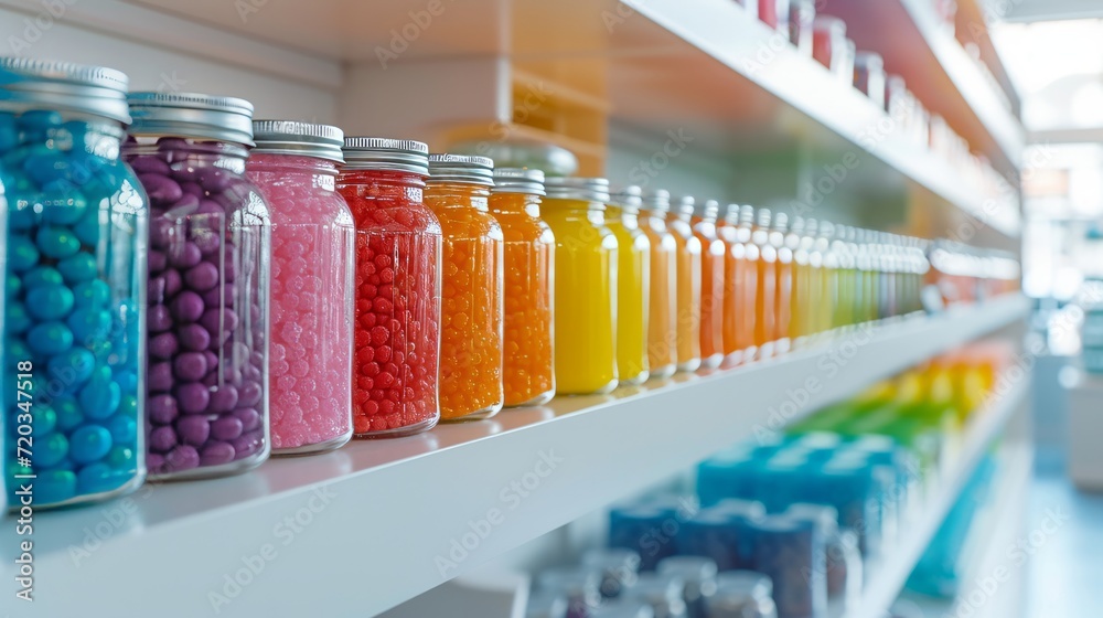 Colorful candy shop display with a variety of sweets in glass jars. - obrazy, fototapety, plakaty 