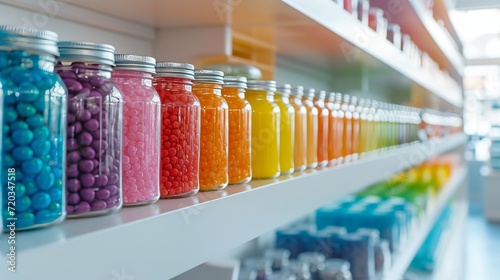 Colorful candy shop display with a variety of sweets in glass jars. photo