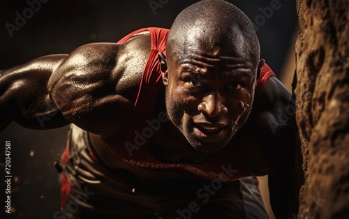 Strong Man Performing Push Up on Rocky Surface © imagineRbc