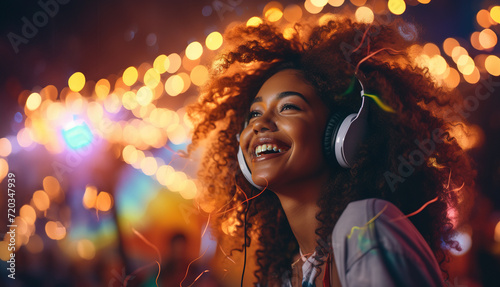 Portrait of overjoyed african american woman with headset enjoying outdoor party or event, listening to music on silent stage at festival. photo
