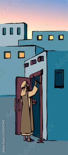 Vector drawing. The family fulfills God's command. Anoints the doorposts with the blood of the lamb photo