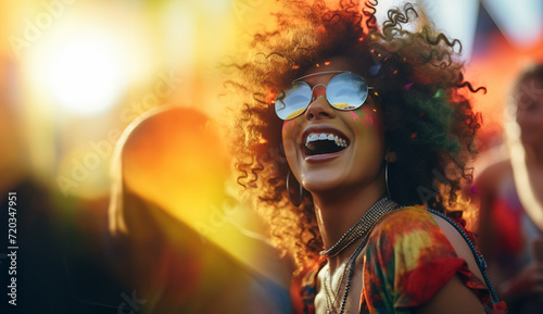 Happy african american woman wearing sunglasses having fun while attending open air music concert in the morning sunrise.