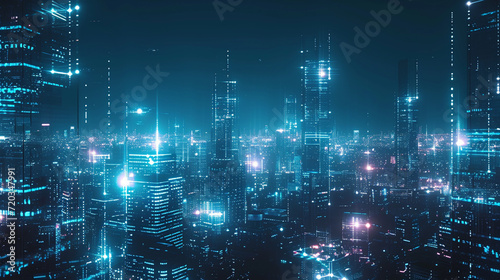 A futuristic cityscape with interconnected digital networks and skyscrapers Background a modern urban skyline, highlighted with neon lights Colors shades of blue and white, symbolizing advanced photo