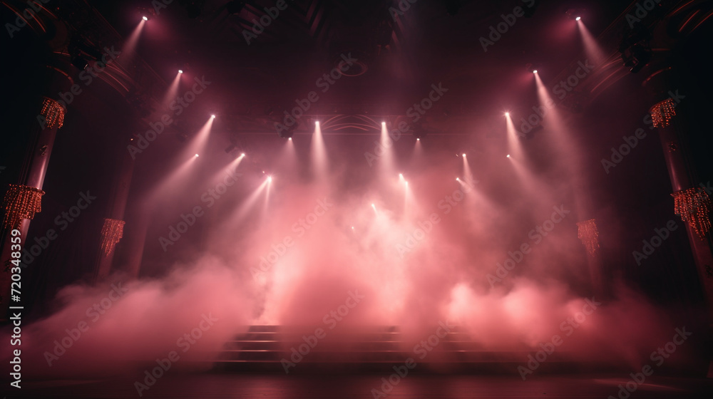 Stage light background with pink spotlight illuminated the stage with smoke. Empty stage for show with backdrop decoration.