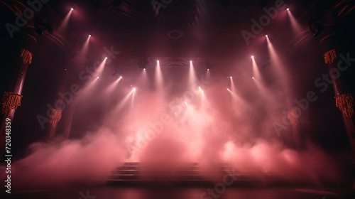 Stage light background with pink spotlight illuminated the stage with smoke. Empty stage for show with backdrop decoration.
