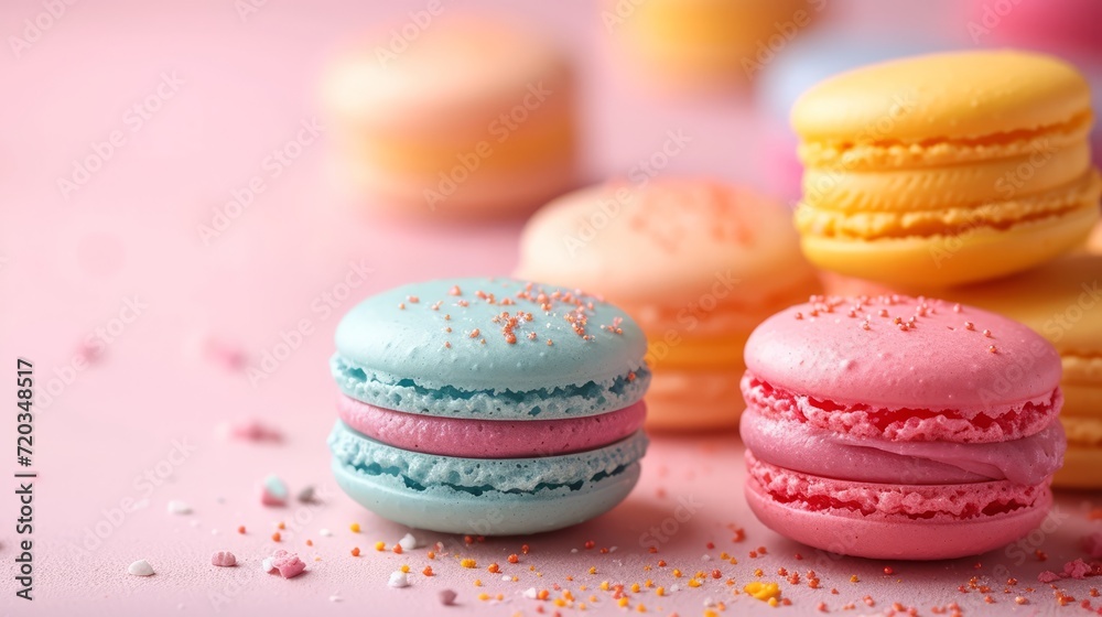 Fototapeta premium Colorful assortment of macarons sprinkled with sugar on a pastel background.