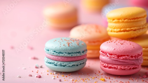 Colorful assortment of macarons sprinkled with sugar on a pastel background.