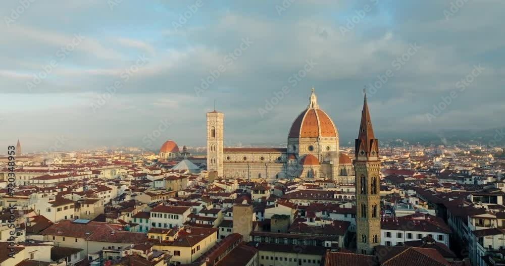Cathedral in the Clouds: Soaring to New Heights with Aerial Views of Florence's La Cattedrale di Santa Maria del Fiore, Embedded in the Heart of the Timeless Cityscape. High quality 4k footage Cathedral in the Clouds: Soaring to New Heights with Aerial Views of Florence's La Cattedrale di Santa Maria del Fiore, Embedded in the Heart of the Timeless Cityscape. High quality 4k footage