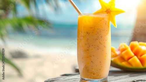 Refreshing tropical mango smoothie garnished with a carambola slice on a beach background. photo