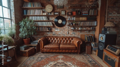 A vintage-inspired living room with exposed brick walls, leather furniture, and a record player with a stack of vinyl records. photo