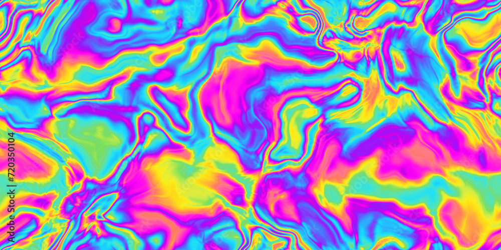 Seamless psychedelic rainbow plama waves pattern background texture. Trippy hippy abstract wavy marble swirls dopamine dressing style fashion motif. Bright colorful neon wallpaper or retro backdrop. - obrazy, fototapety, plakaty 