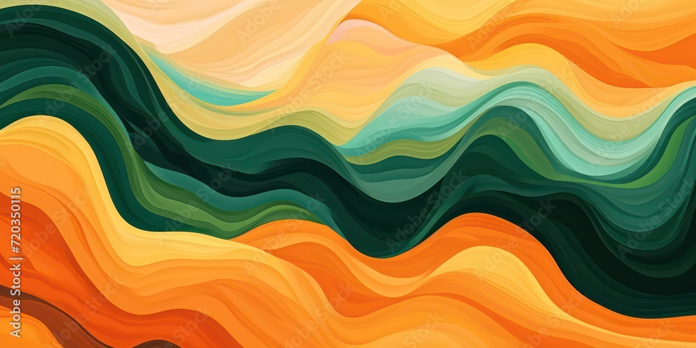 Orange waves on a background, in the style of rounded shapes dark green and light yellow.