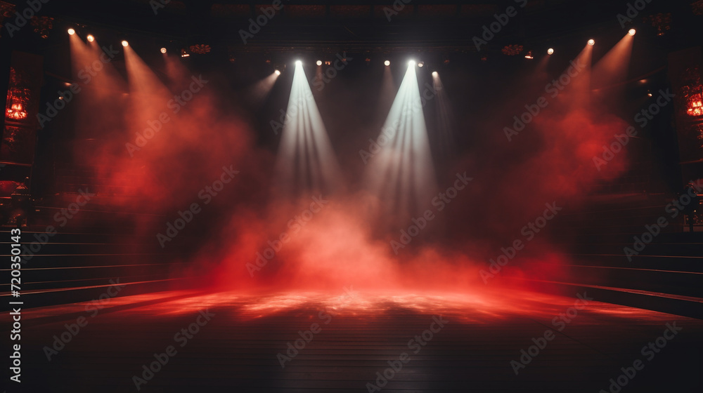 Stage light background with red spotlight illuminated the stage with smoke. Empty stage for show with backdrop decoration.