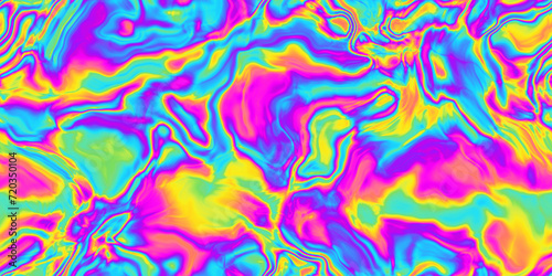 Seamless psychedelic rainbow plama waves pattern background texture. Trippy hippy abstract wavy marble swirls dopamine dressing style fashion motif. Bright colorful neon wallpaper or retro backdrop. photo