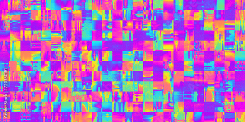 Seamless psychedelic rainbow thermal infrared heatmap mosaic square tiles pattern background texture. Trippy hippy abstract geometric tiles dopamine style colorful neon wallpaper or retro backdrop