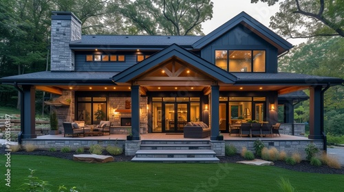 the design of a craftsman-style back house porch, incorporating ideas such as exposed wood beams and stone accents