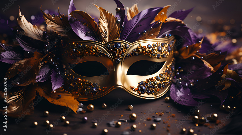 An exquisite Mardi Gras mask, resplendent in gold and adorned with elegant purple feathers