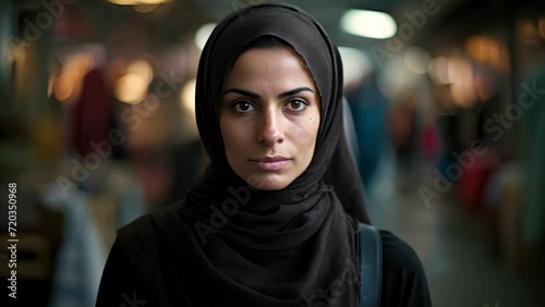 In midst of bustling Middle Eastern marketplace, middleaged woman seen with gaze fixated onto nothingness, lost in thoughts. former victim of suicide bombing, she grapples each day with physical photo