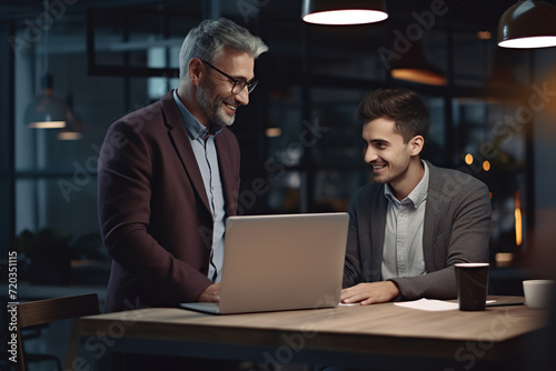 Experienced mature businessman consult young employee on solving business problem using laptop. Elderly male analyst help younger coworker prepare marketing report on computer. Mentoring on workplace.