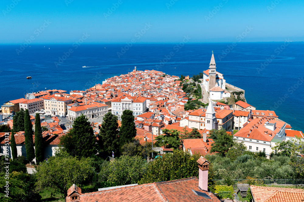 Fototapeta premium Beautiful view of the city of Piran from the top of the city wall in Slovenia
