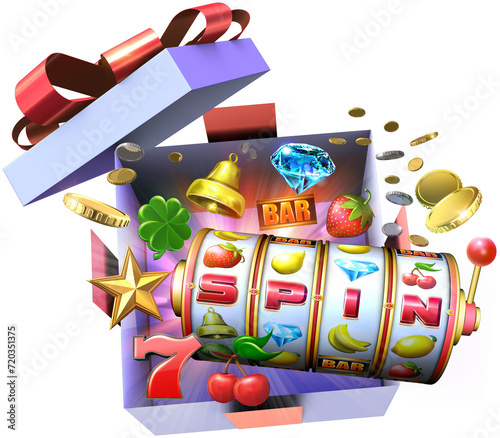 A 3D illustration showcasing an open gift box overflowing with coins, various slot symbols, and the reels of a slot machine with the SPIN word lined up on the pay line.