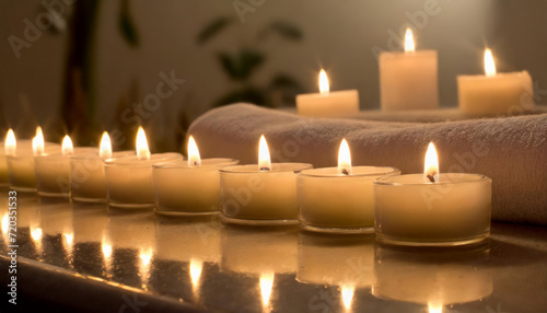 Lit candles arranged in a line.