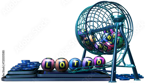 A 3D illustration advertising online lottery games, featuring colorful numbered balls in a wire cage, sitting atop of a stack of mobile devices.