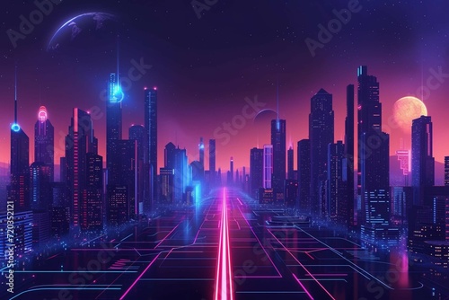 Vector illustration urban architecture  cityscape with space and neon light effect. Modern hi-tech  science  futuristic technology concept. Abstract digital high tech city design for banner background