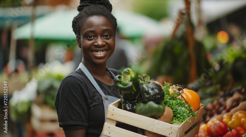 Mulher afro sorrindo com uma cesta de verduras na feira  photo