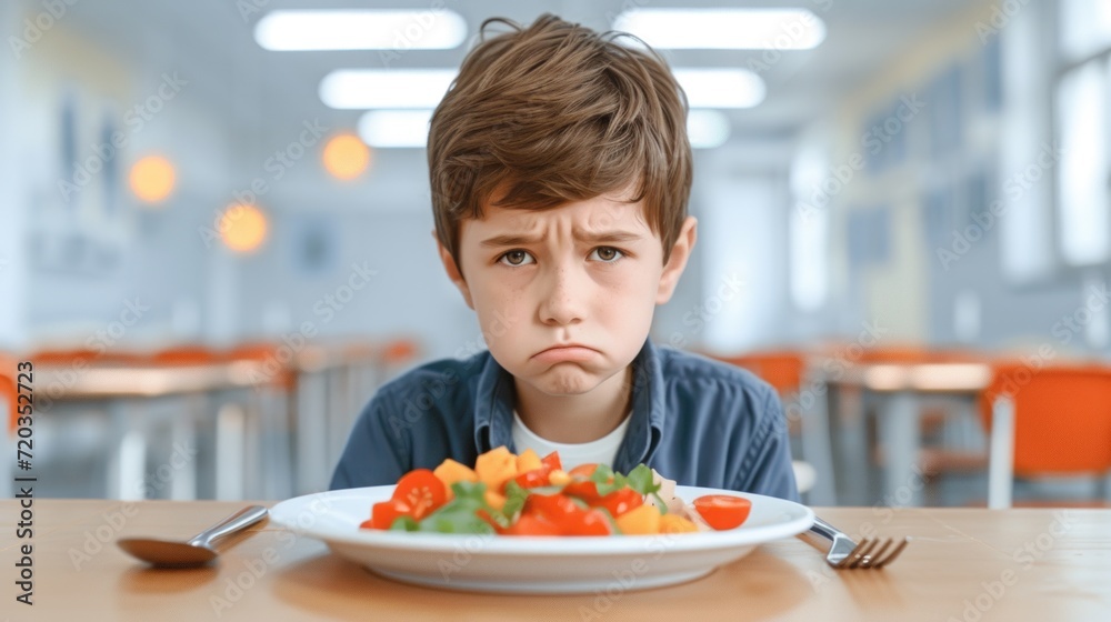 sad boy in the school cafeteria doesn't want to eat his lunch, International School Meals Day, banner sad boy in the school cafeteria doesn't want to eat his lunch, International School Meals Day, banner