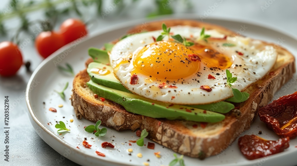 Contemporary breakfast platter with a poached egg, avocado slices, and whole grain toast.