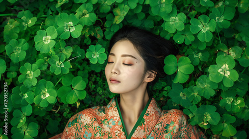 Mulher Japonesa deitada em trevos verdes photo