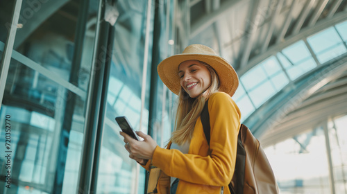 Mulher feliz com mochila de viagem usando o celular no aeroporto  photo