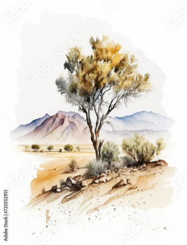 Watercolor Deserted Scene Illustration Isolated on White Background. Colorful Digital Landscape Art