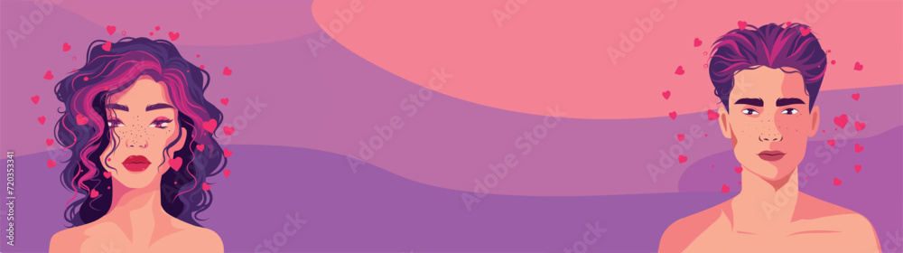 Vector illustration Valentine's Day, beautiful bright purple pink card banner place for text, man and woman love, hearts loving beautiful couple. Holiday concept