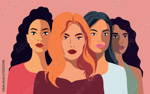  Vector flat banner for International Women's Day, women of different cultures and nationalities stand together. Vector concept of movement for gender equality and women's empowerment