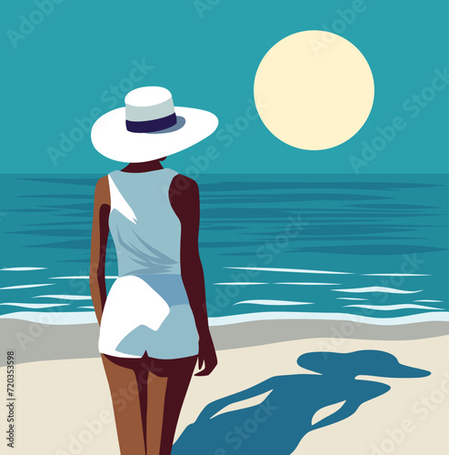 Vector flat illustration A woman in white clothes, a swimsuit and a hat walks along the beach. Woman back view. The girl is on vacation. Sea, sky, girl photo
